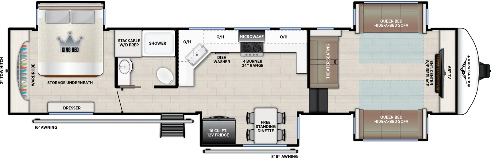 The Tandara 390FL floorplan has one entry and four slide outs. Exterior features include: fiberglass exterior and 16' & 10'6" awning. Interiors features include: free-standing dinette option, rear bedroom and front living.